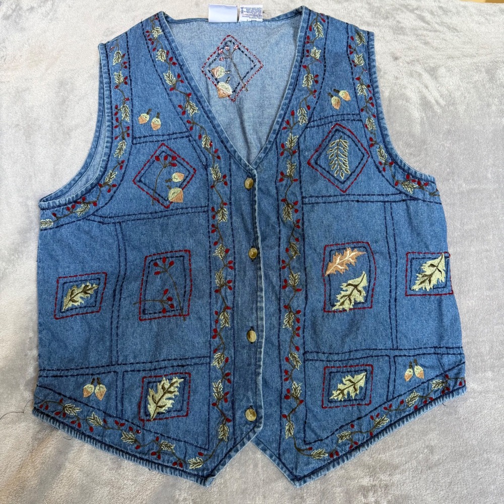 Vtg Bobbie Brooks Denim Vest Womens L Blue Embroidered Fall Leaves Acorns BB555
